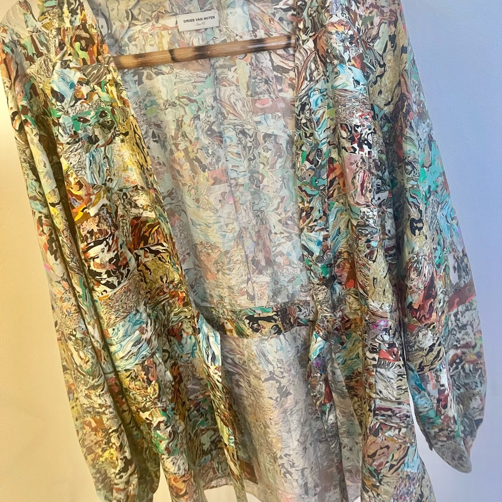 Dries Van Noten Silk Marbled Patchwork Wrap Tunic - image 7